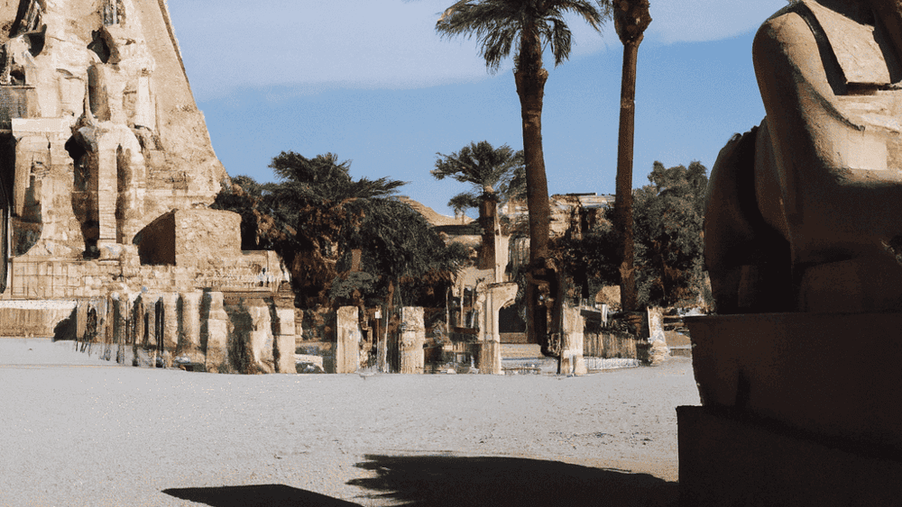 Ancient Egyptian temple with statues and palm trees.