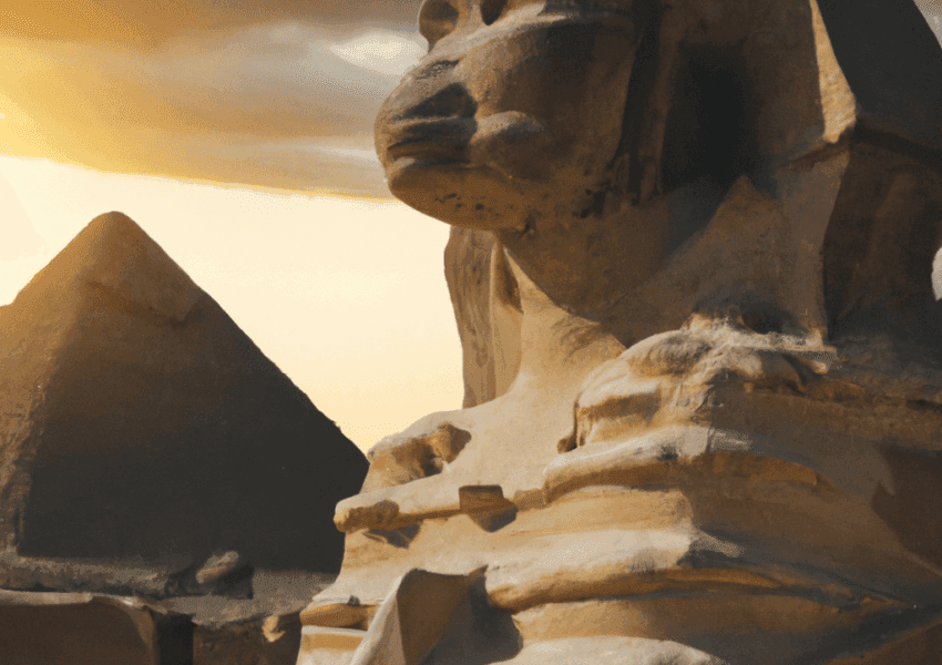 Sphinx and Pyramids in Giza at sunset.