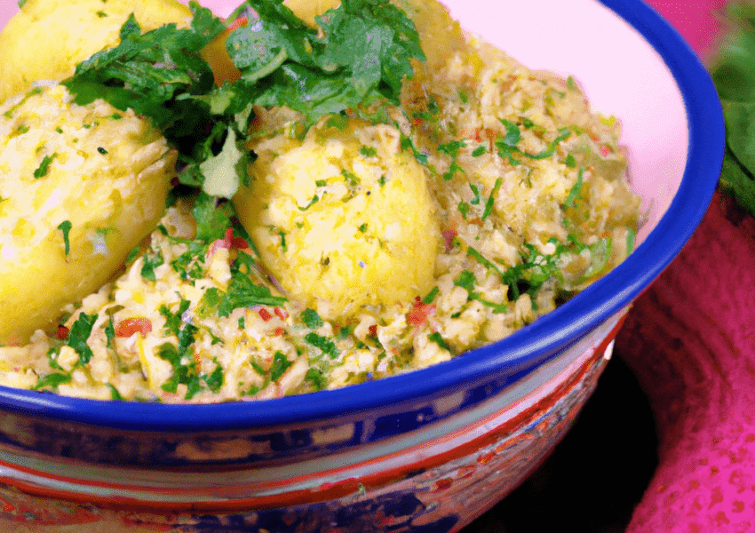 Spiced potato dish garnished with herbs.