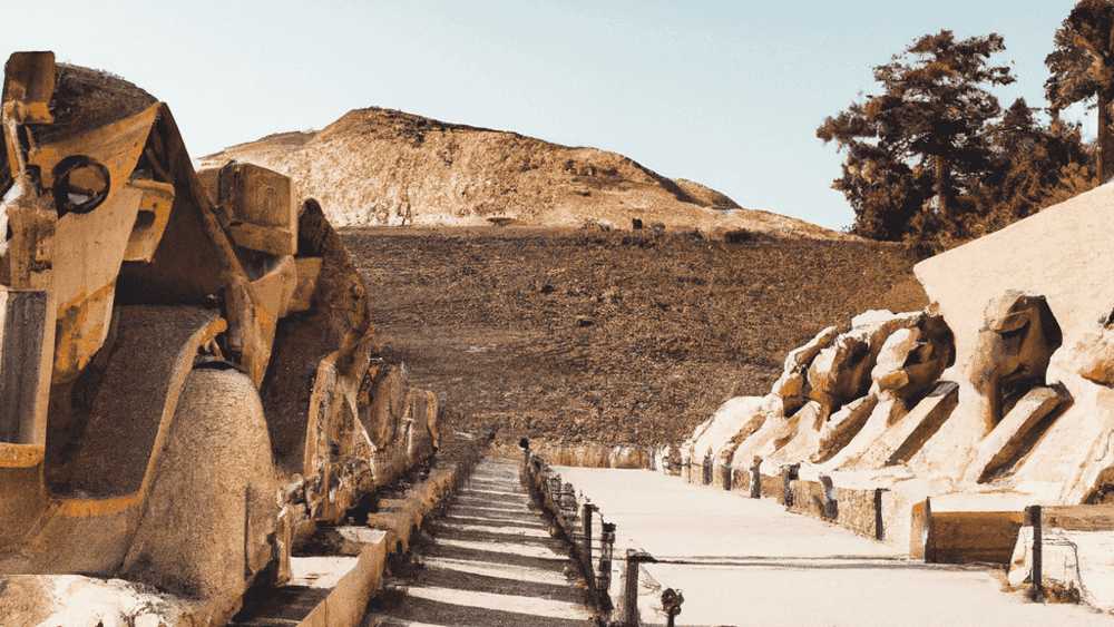 Ancient Egyptian statues lined at Karnak Temple complex.