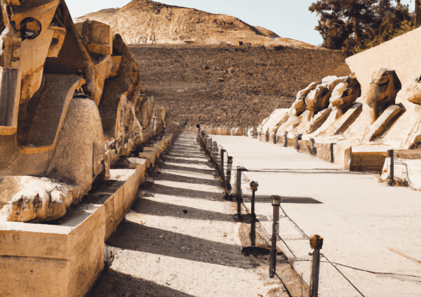 Ancient Egyptian statues lined at Karnak Temple complex.