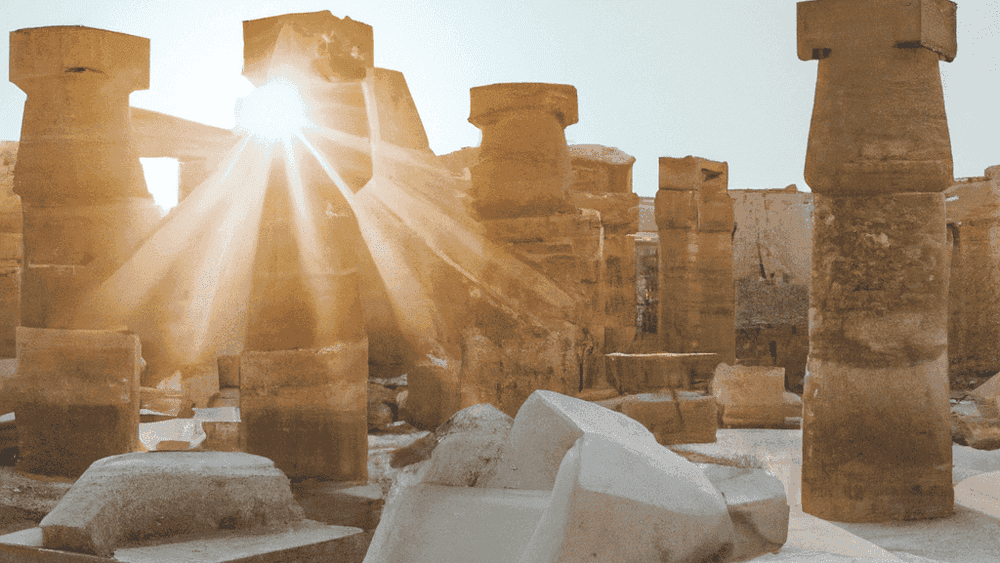 Sunrise over ancient ruins with broken statue feet.