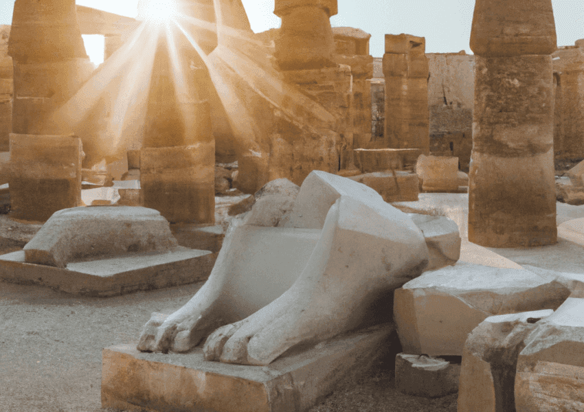 Sunrise over ancient ruins with broken statue feet.