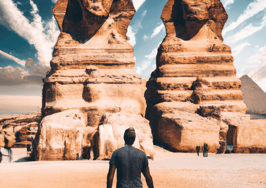 Tourist walking towards ancient Sphinx statues, Giza, Egypt.