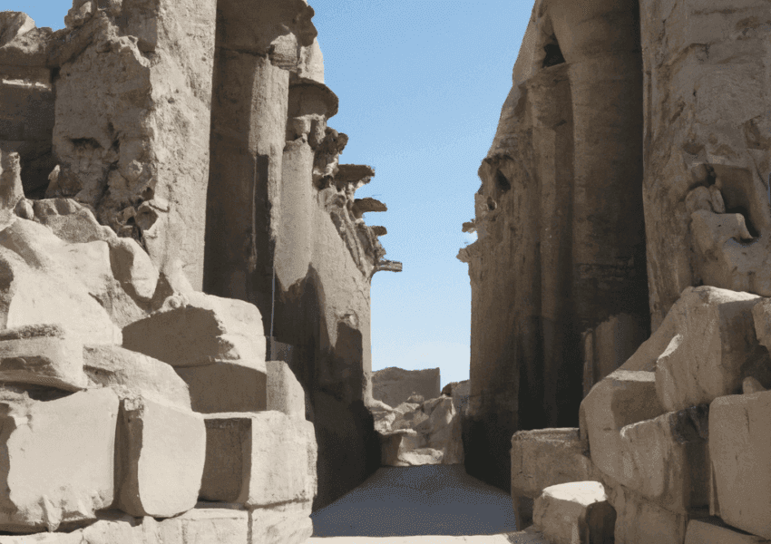 Ancient Egyptian temple ruins, stone columns, clear sky.